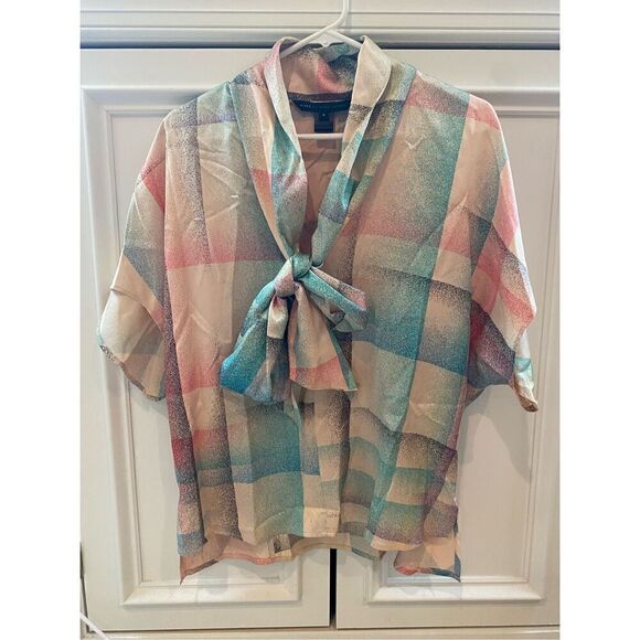 Marc By Marc Jacobs - Multicolored Pastel Plaid Short Sleeve Silk Blouse W/ Neck - Picture 2 of 6